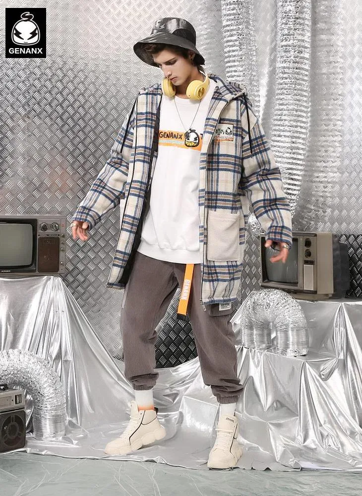 Plaid Print Front Zipper Hooded Padded Coat