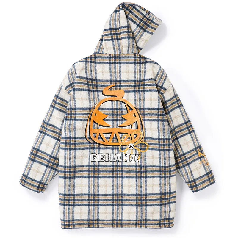 Plaid Print Front Zipper Hooded Padded Coat