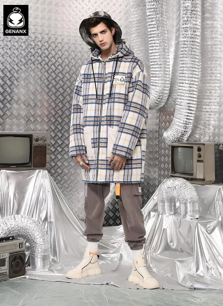 Plaid Print Front Zipper Hooded Padded Coat