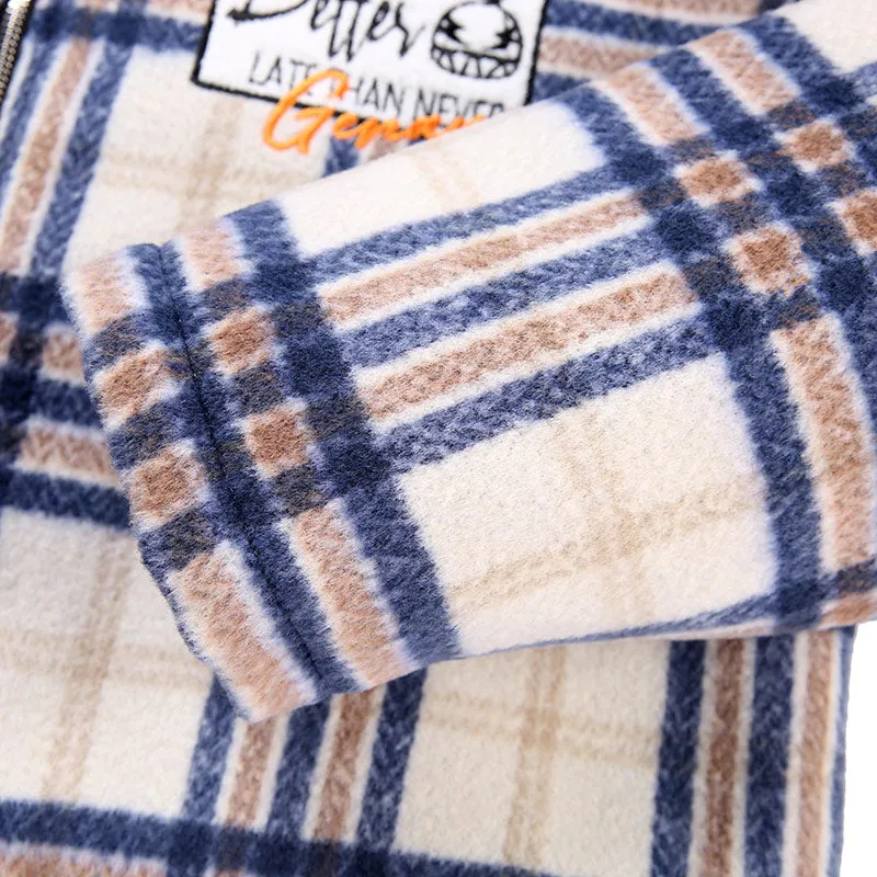 Plaid Print Front Zipper Hooded Padded Coat