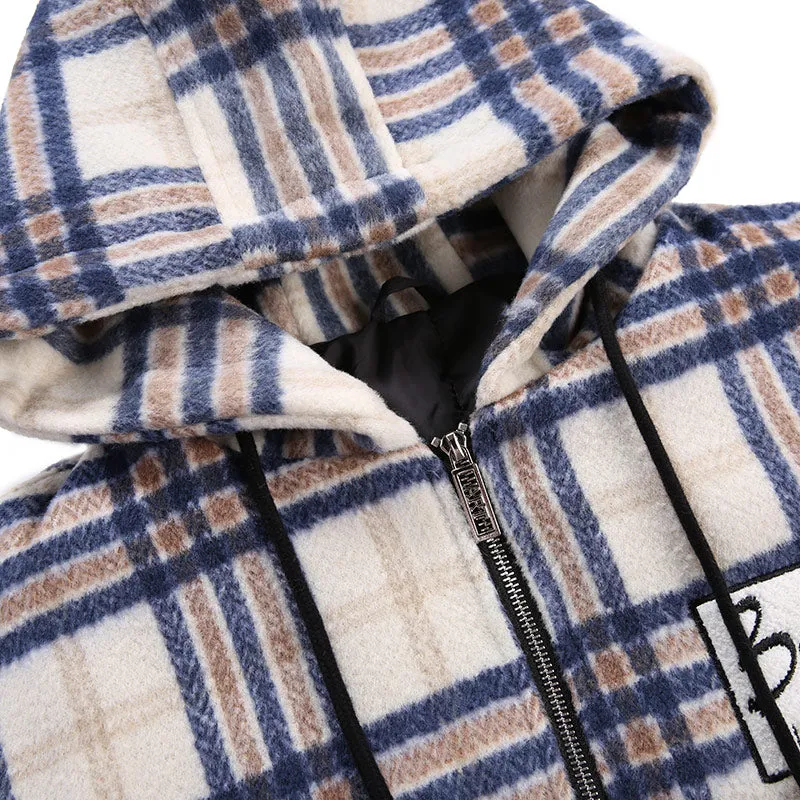 Plaid Print Front Zipper Hooded Padded Coat