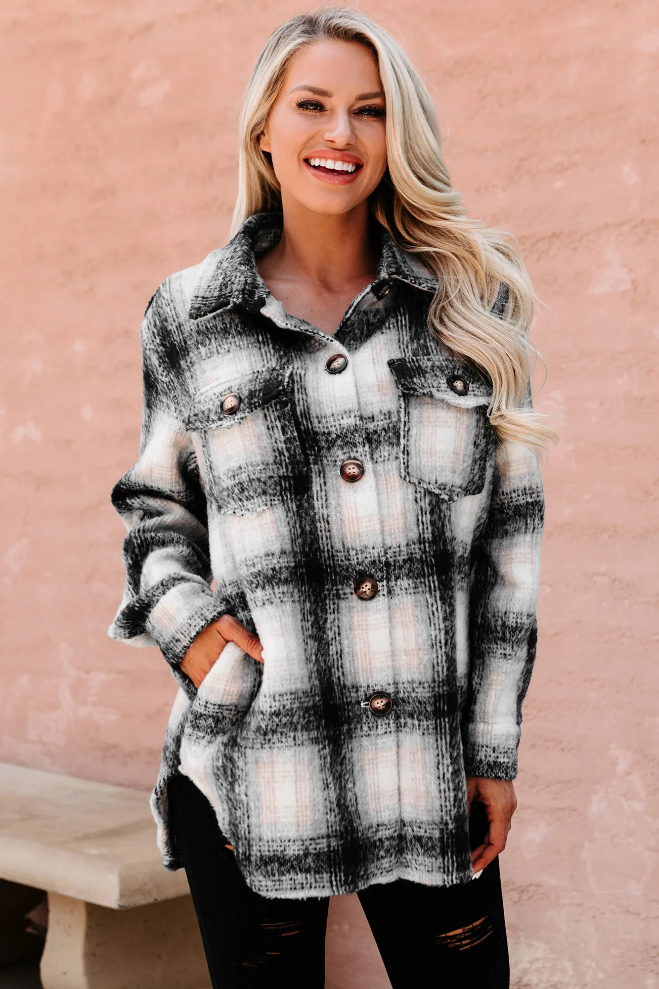 Plaid Timing Oversized Plaid Shacket (Black)