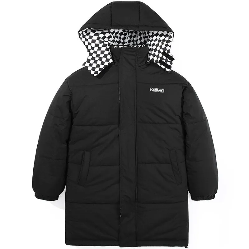 Plain Checkerboard Print Long Padded Coat