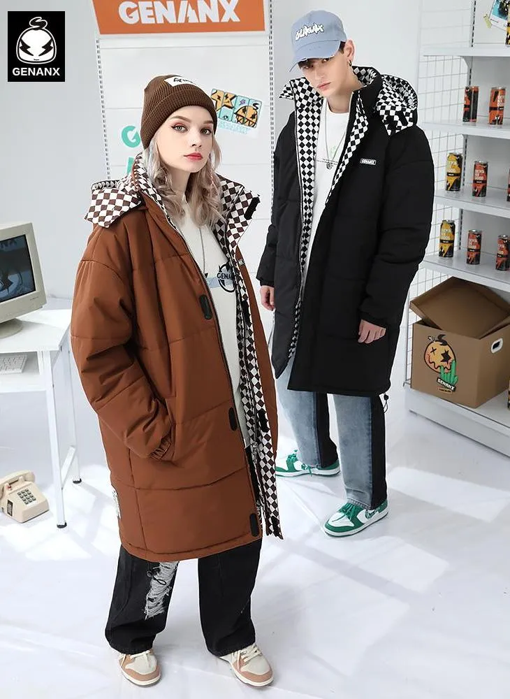 Plain Checkerboard Print Long Padded Coat