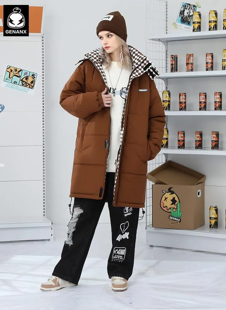 Plain Checkerboard Print Long Padded Coat
