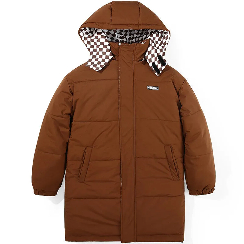 Plain Checkerboard Print Long Padded Coat