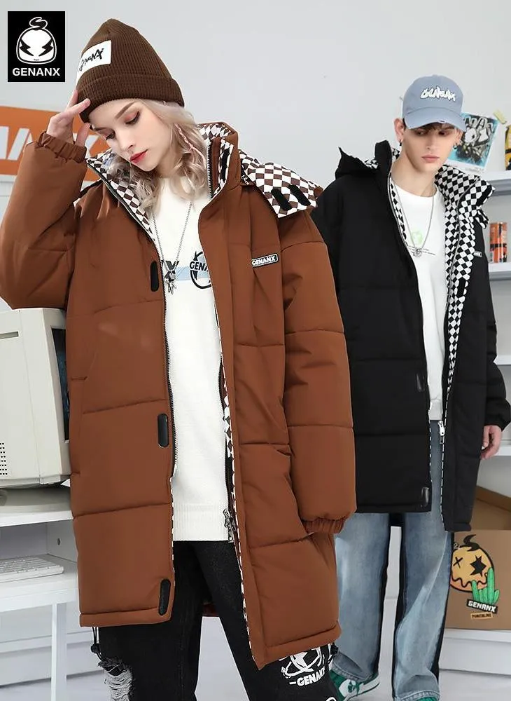 Plain Checkerboard Print Long Padded Coat