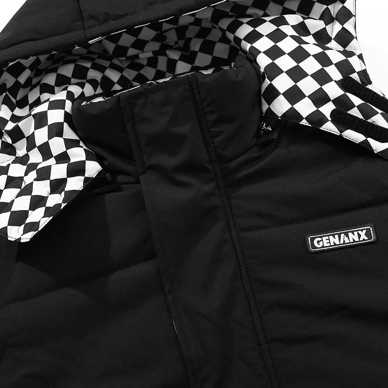 Plain Checkerboard Print Long Padded Coat
