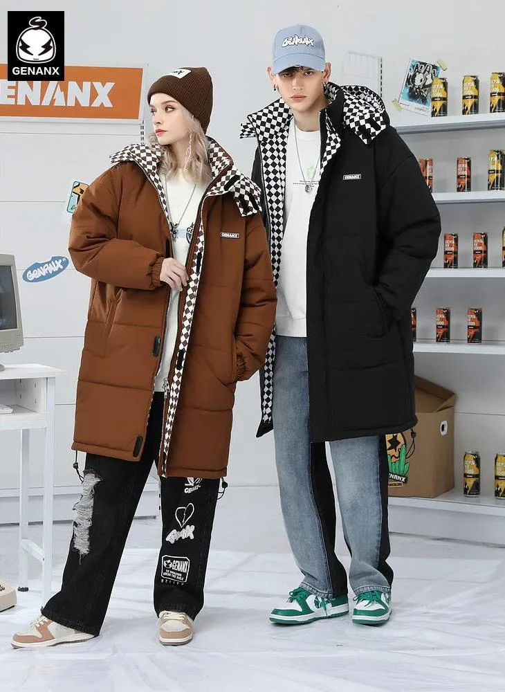 Plain Checkerboard Print Long Padded Coat