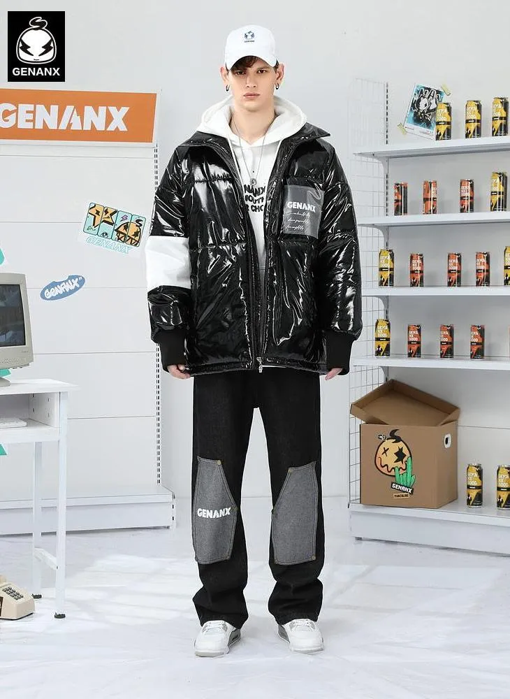 Plain Glossy Patchwork Padded Coat