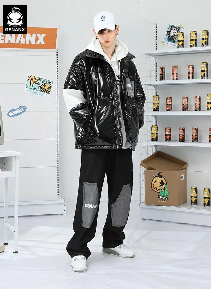 Plain Glossy Patchwork Padded Coat