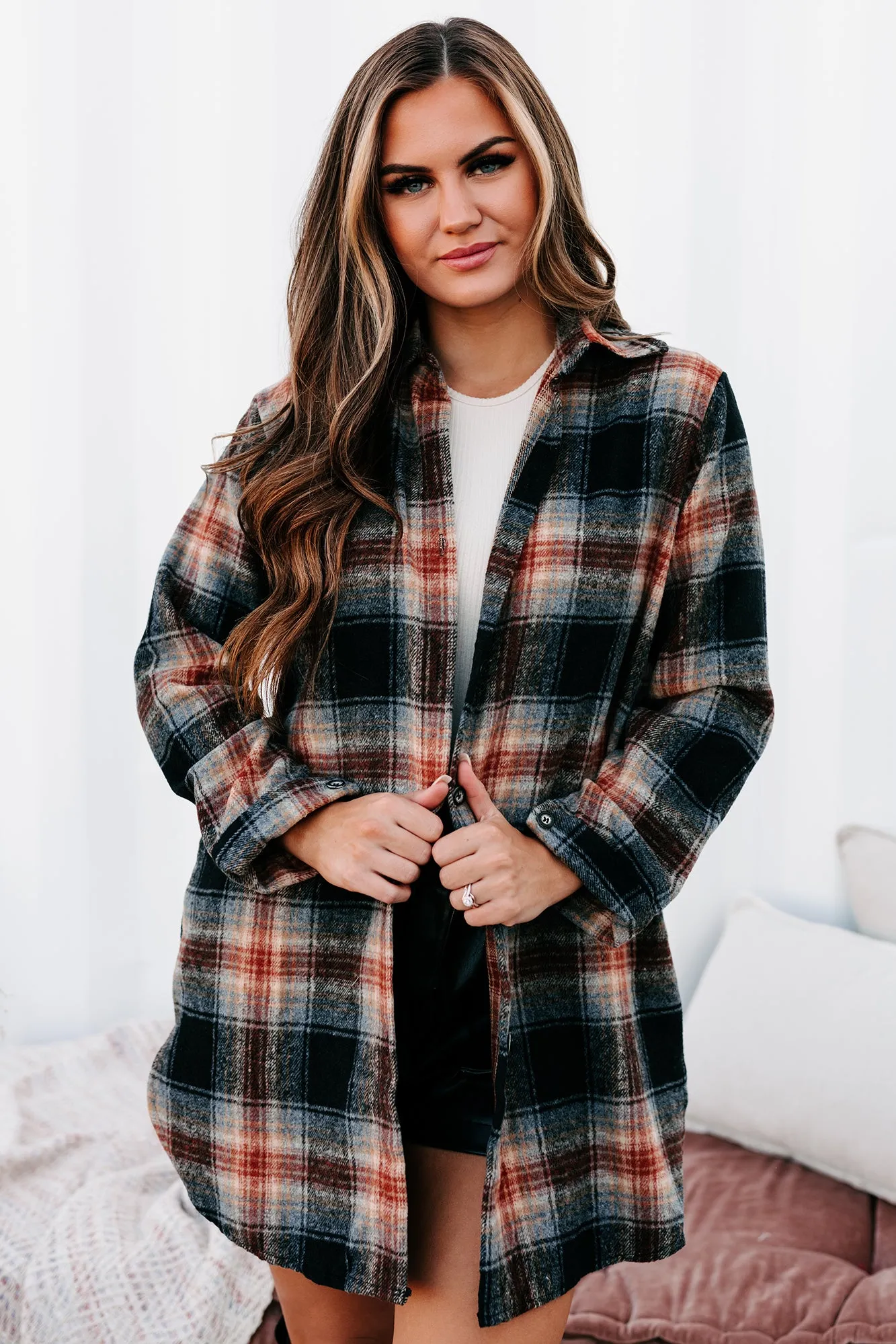 Pumpkin Spice Everything Plaid Button-Front Oversized Shacket (Black)