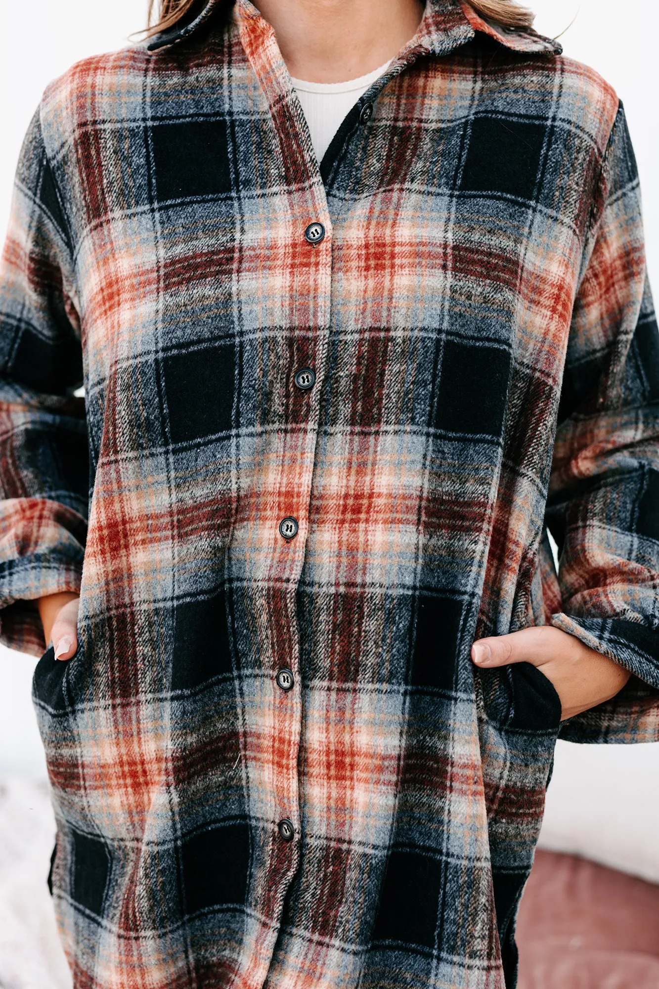 Pumpkin Spice Everything Plaid Button-Front Oversized Shacket (Black)