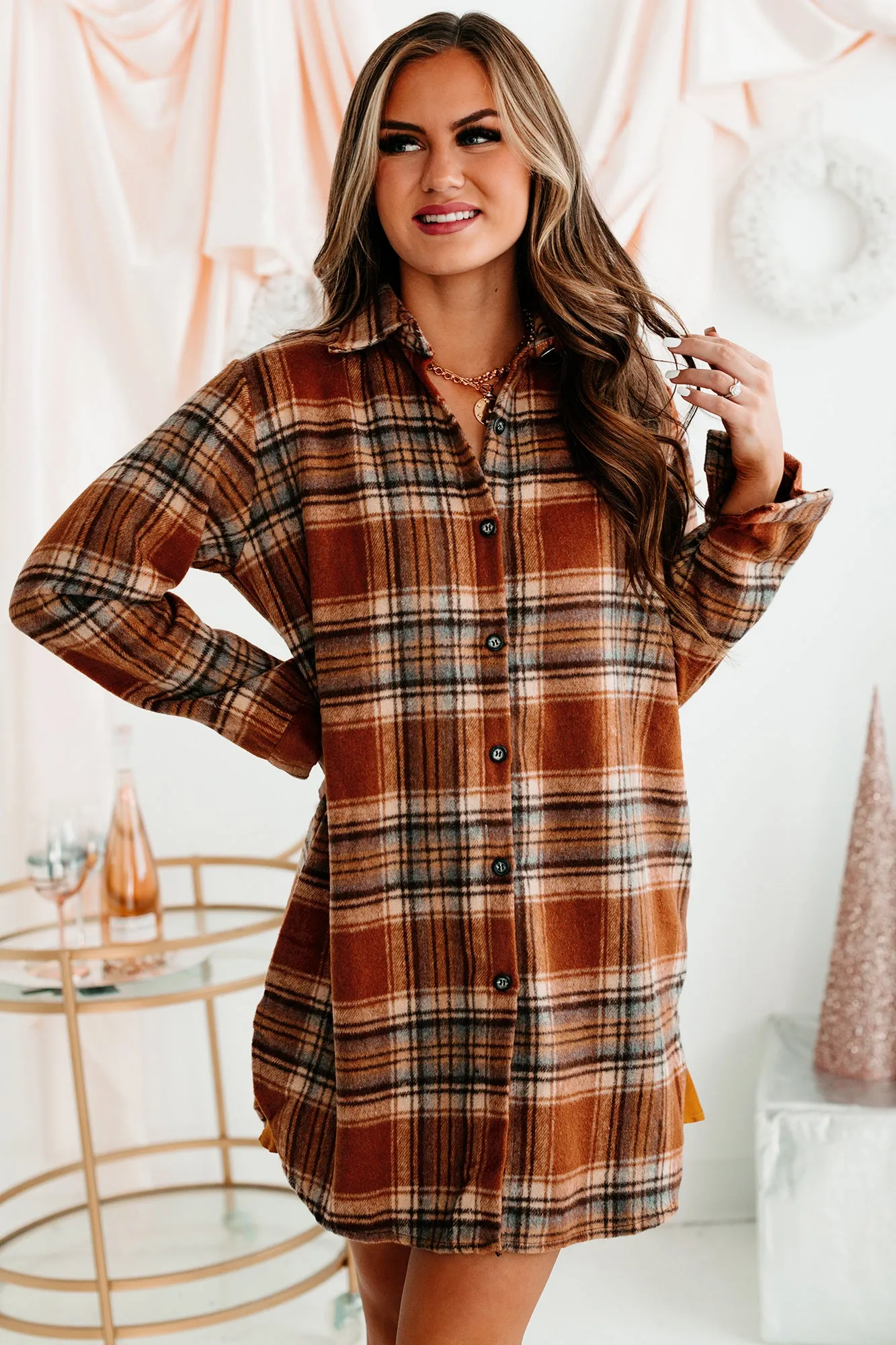 Pumpkin Spice Everything Plaid Button-Front Oversized Shacket (Rust)