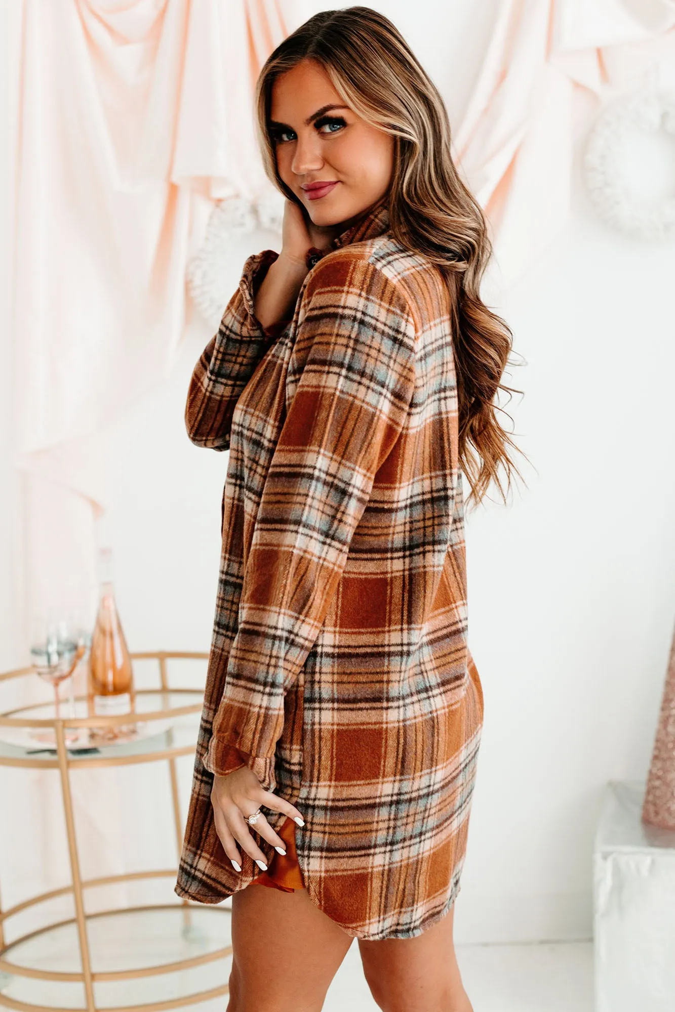 Pumpkin Spice Everything Plaid Button-Front Oversized Shacket (Rust)