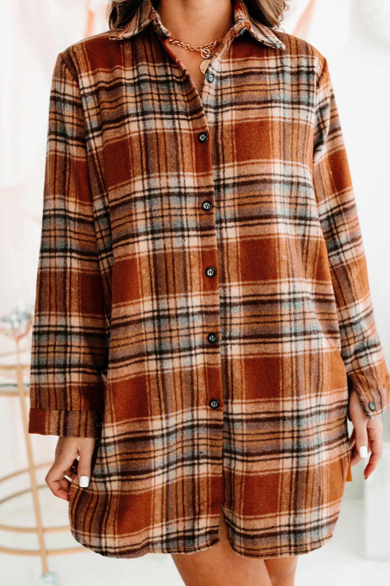 Pumpkin Spice Everything Plaid Button-Front Oversized Shacket (Rust)