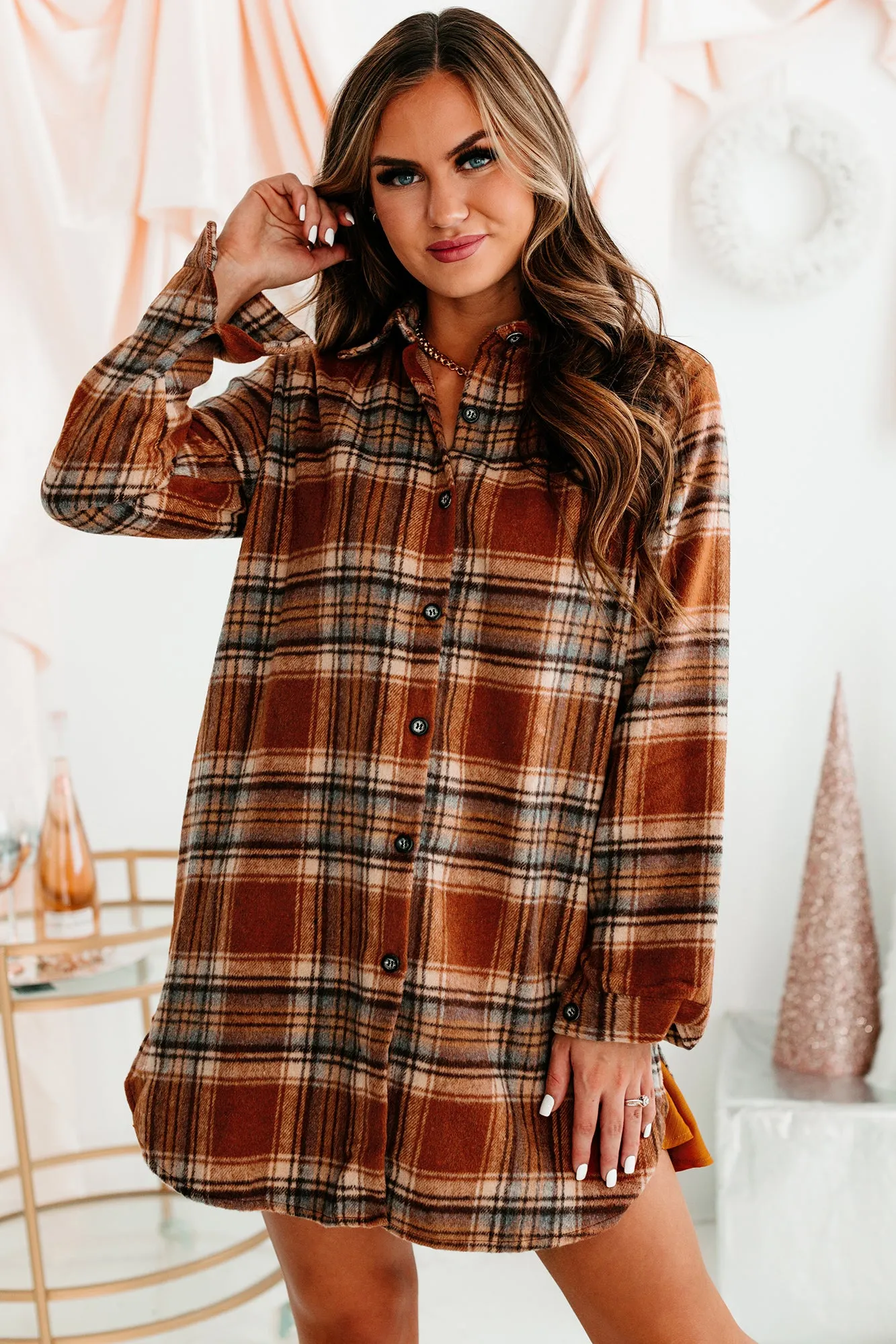 Pumpkin Spice Everything Plaid Button-Front Oversized Shacket (Rust)