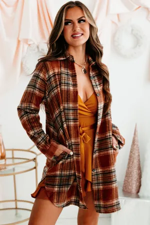 Pumpkin Spice Everything Plaid Button-Front Oversized Shacket (Rust)