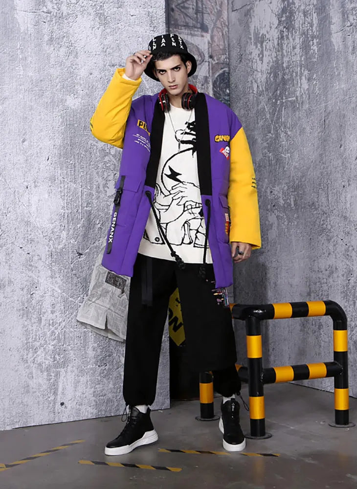 Purple Street Spliced Multi Pockets Padded Coat
