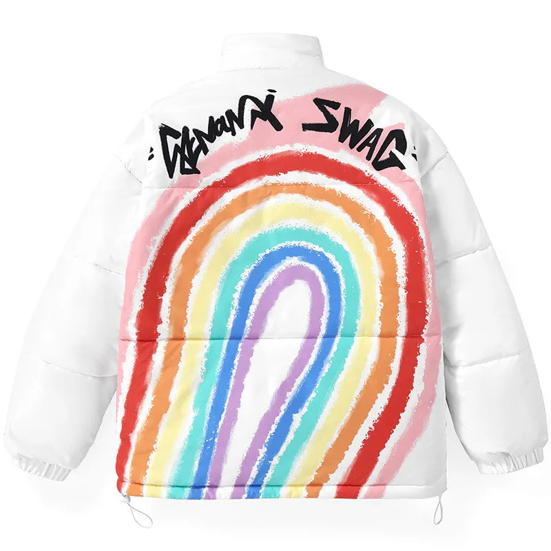 Rainbow Print Stand Collar Padded Coat