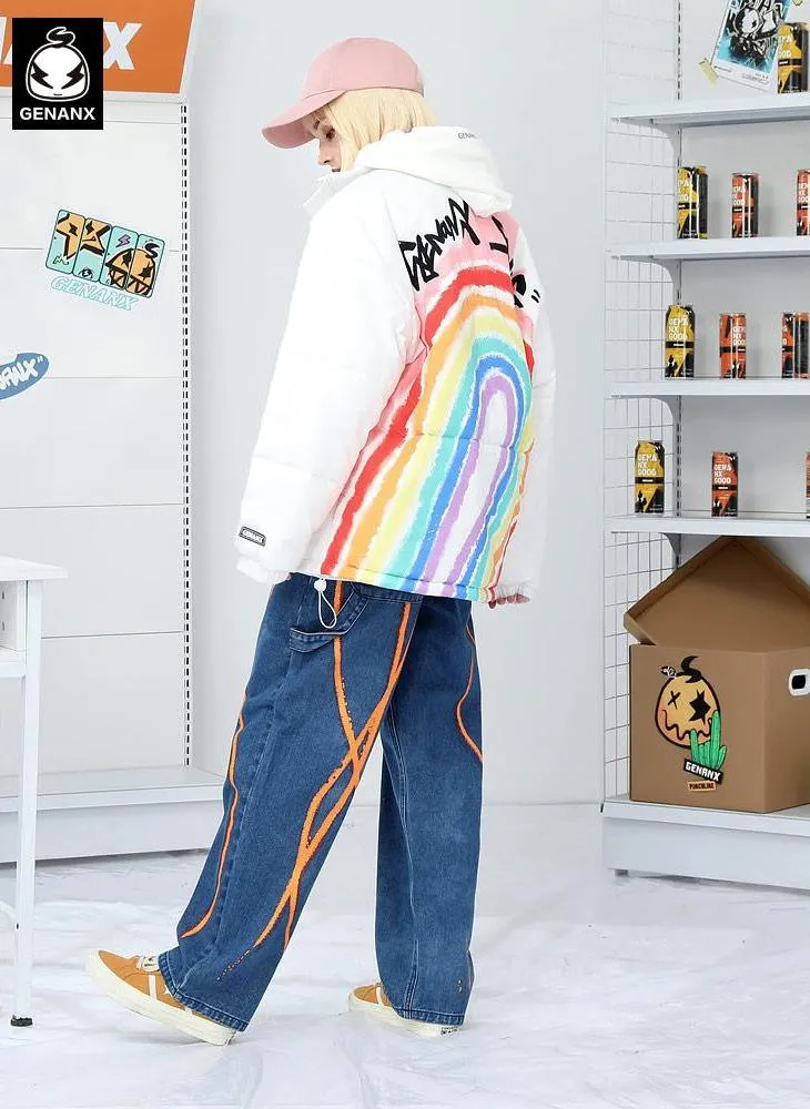 Rainbow Print Stand Collar Padded Coat