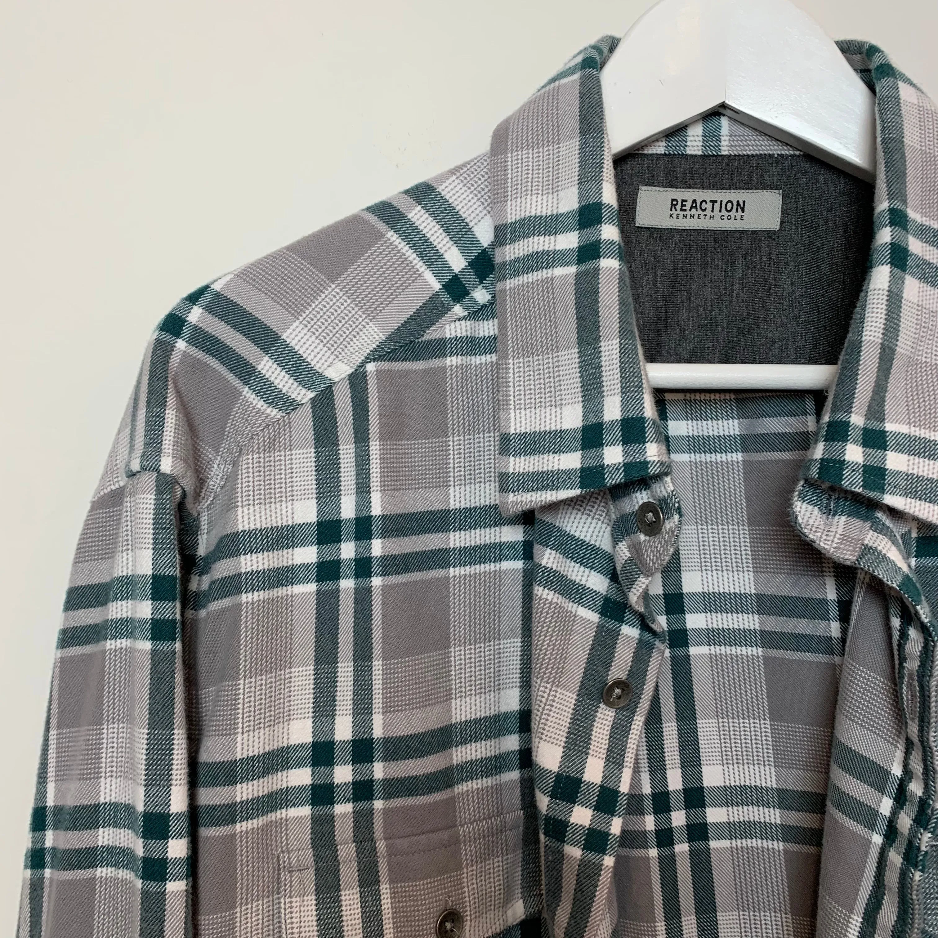 Reaction by Kenneth Cole Grey and Teal Plaid Flannel Shirt Shacket XXL