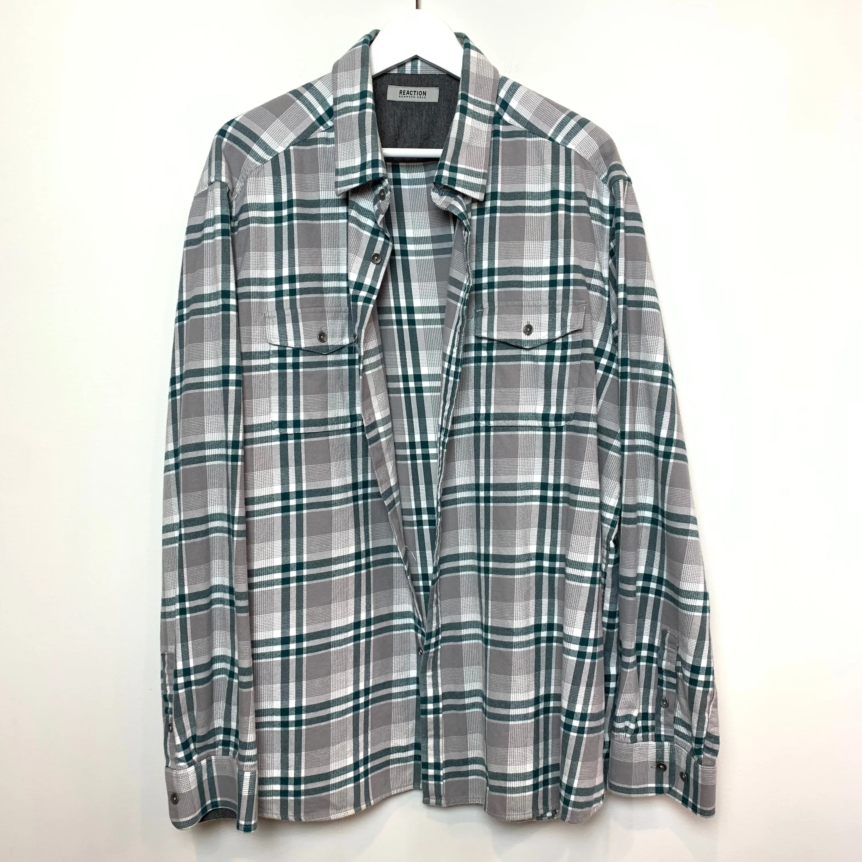 Reaction by Kenneth Cole Grey and Teal Plaid Flannel Shirt Shacket XXL