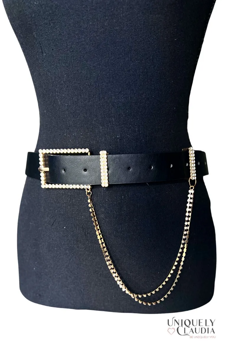 Rectangle Rhinestone Buckle and Chain Fashion Belt