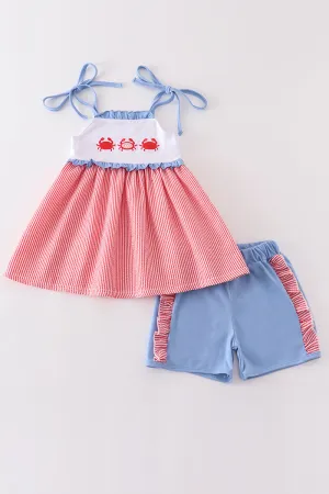 Red seersucker crab applique girl set
