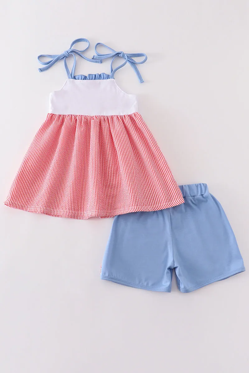 Red seersucker crab applique girl set