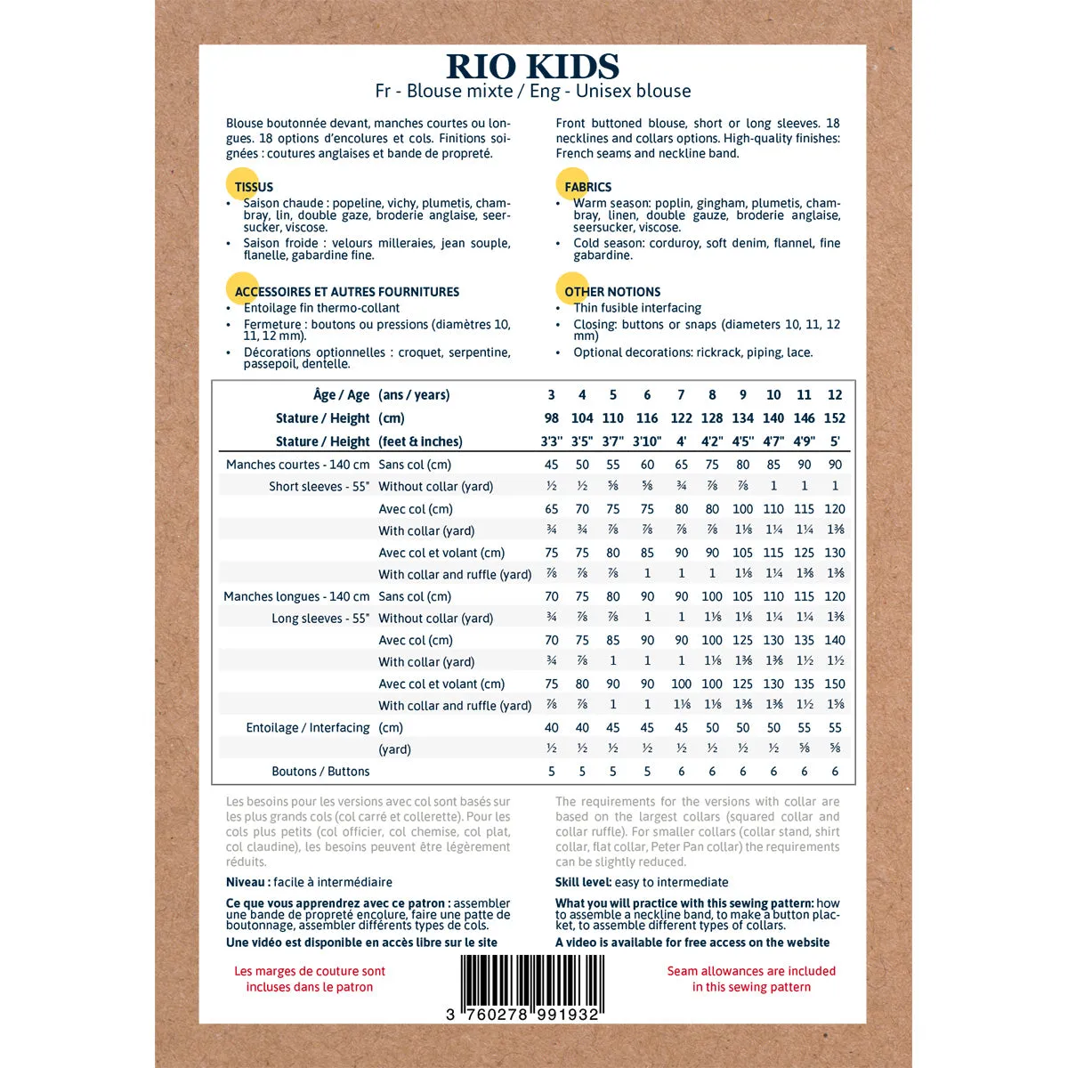 RIO KIDS Blouse - 3/12y - Paper Sewing Pattern