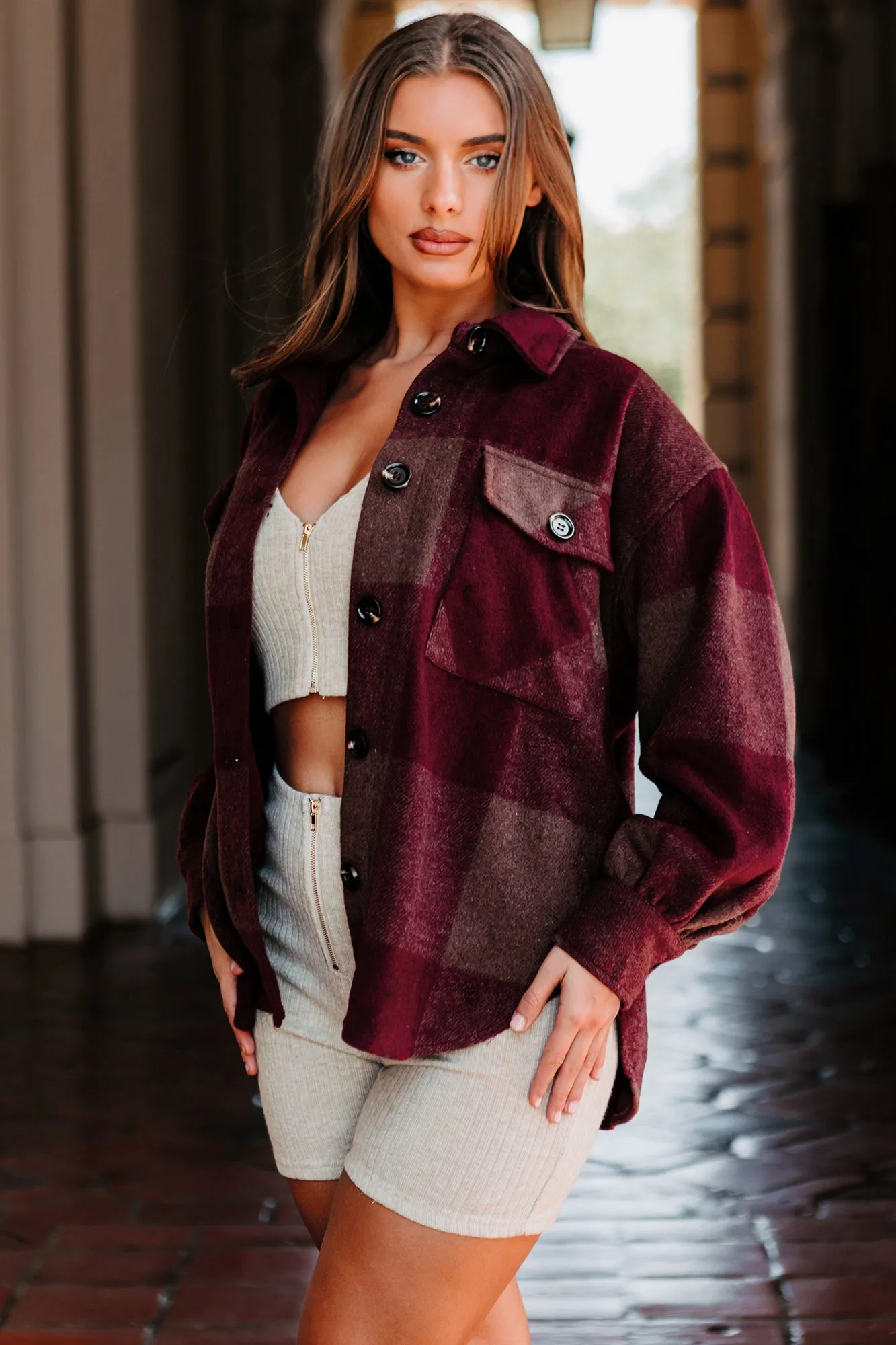 Seasonal Selections Oversized Plaid Print Shacket (Burgundy)