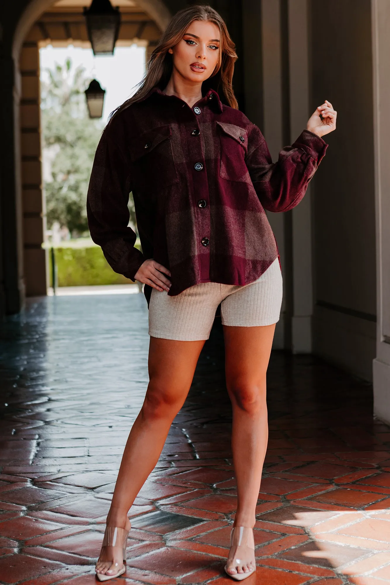 Seasonal Selections Oversized Plaid Print Shacket (Burgundy)