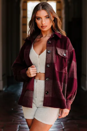 Seasonal Selections Oversized Plaid Print Shacket (Burgundy)