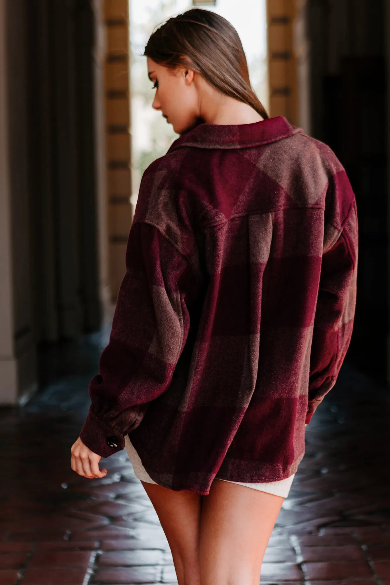 Seasonal Selections Oversized Plaid Print Shacket (Burgundy)