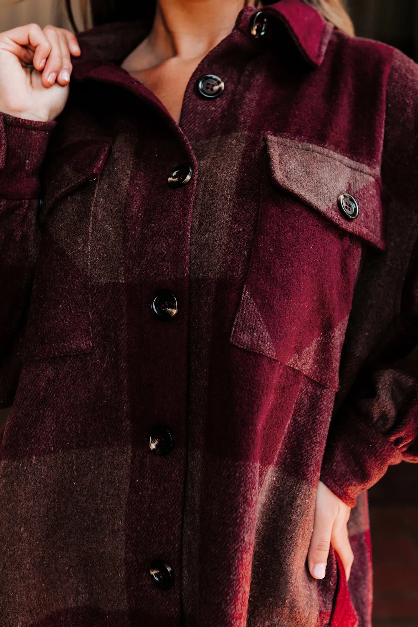 Seasonal Selections Oversized Plaid Print Shacket (Burgundy)