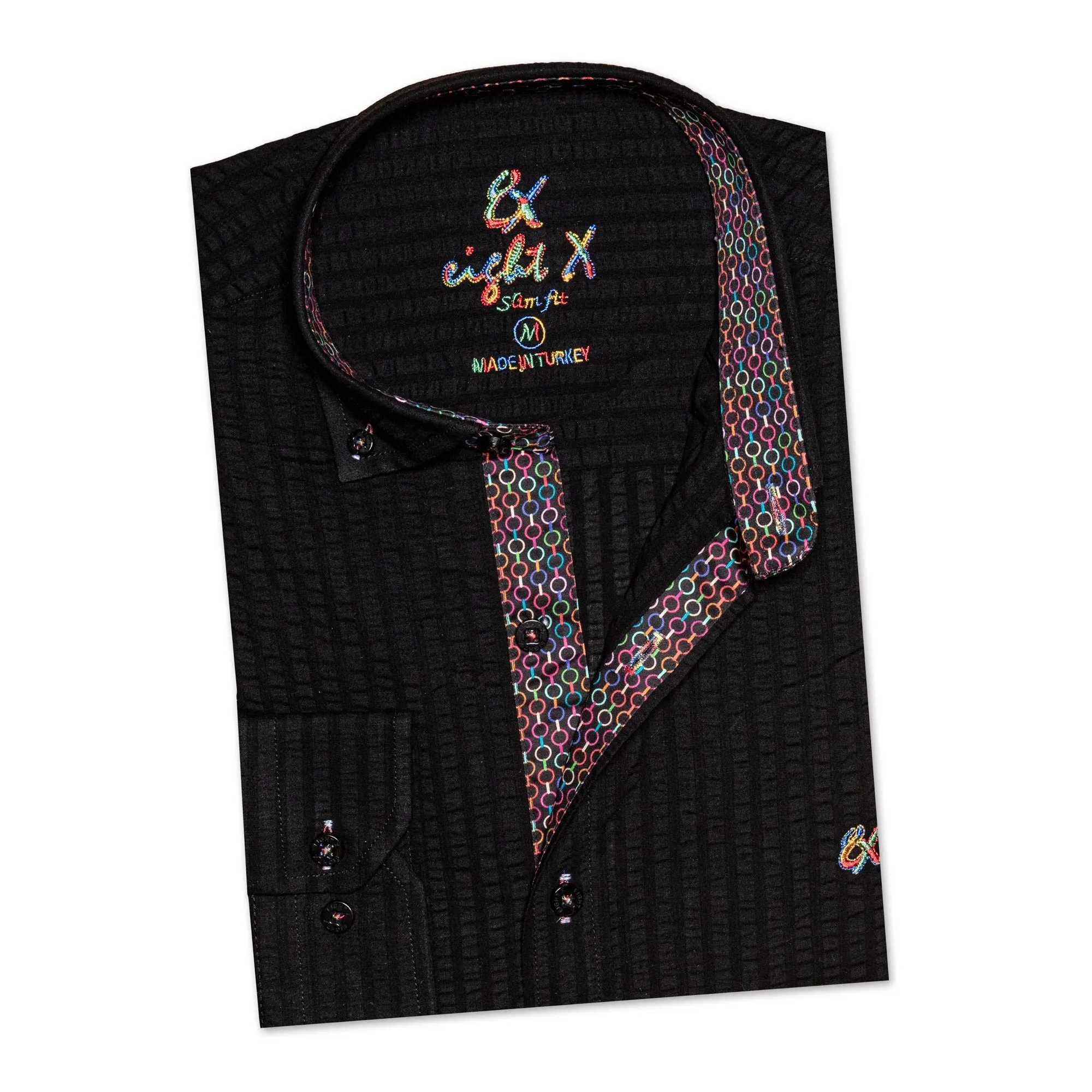 Seersucker Button Down Shirt With Rainbow Chainlink Trim - Black
