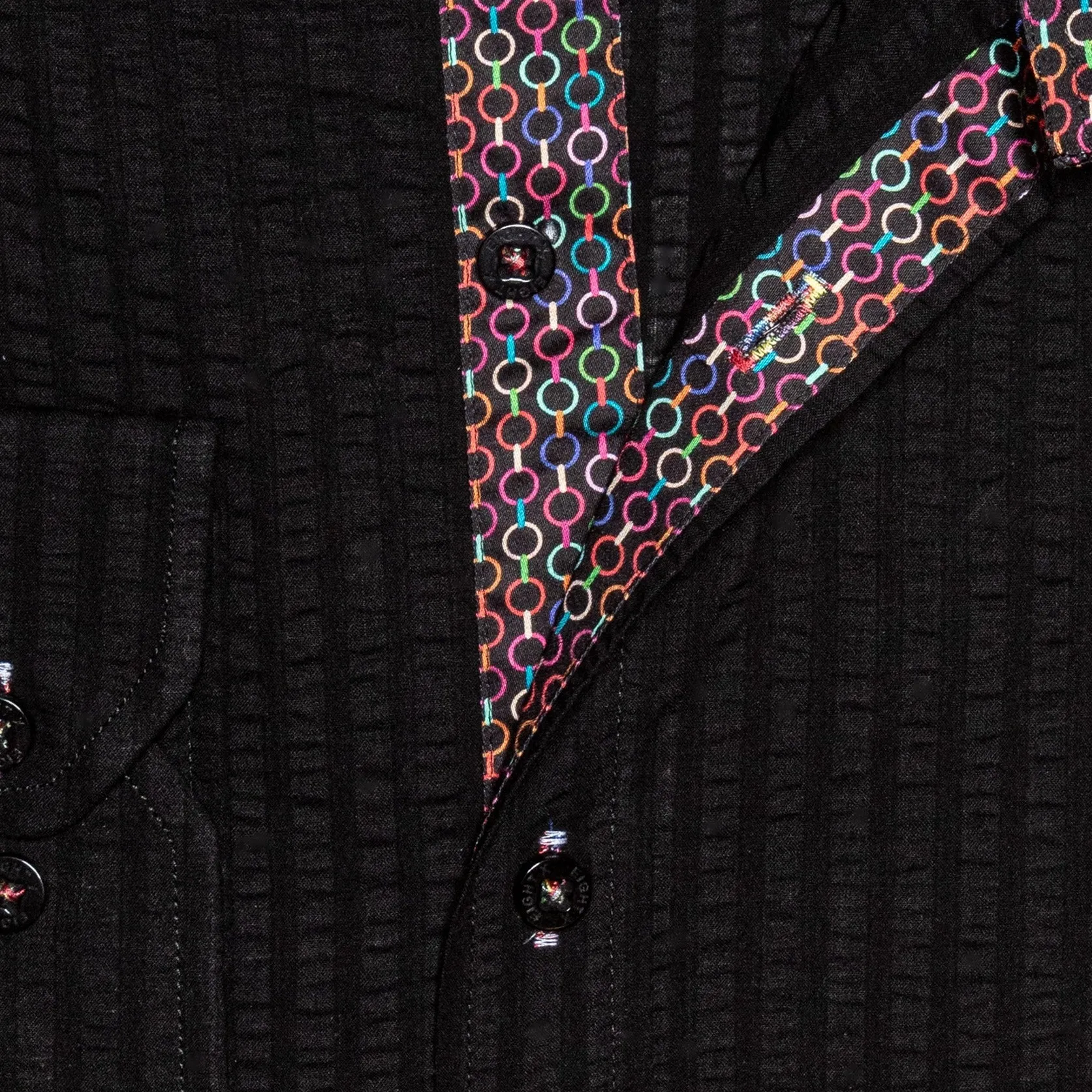 Seersucker Button Down Shirt With Rainbow Chainlink Trim - Black