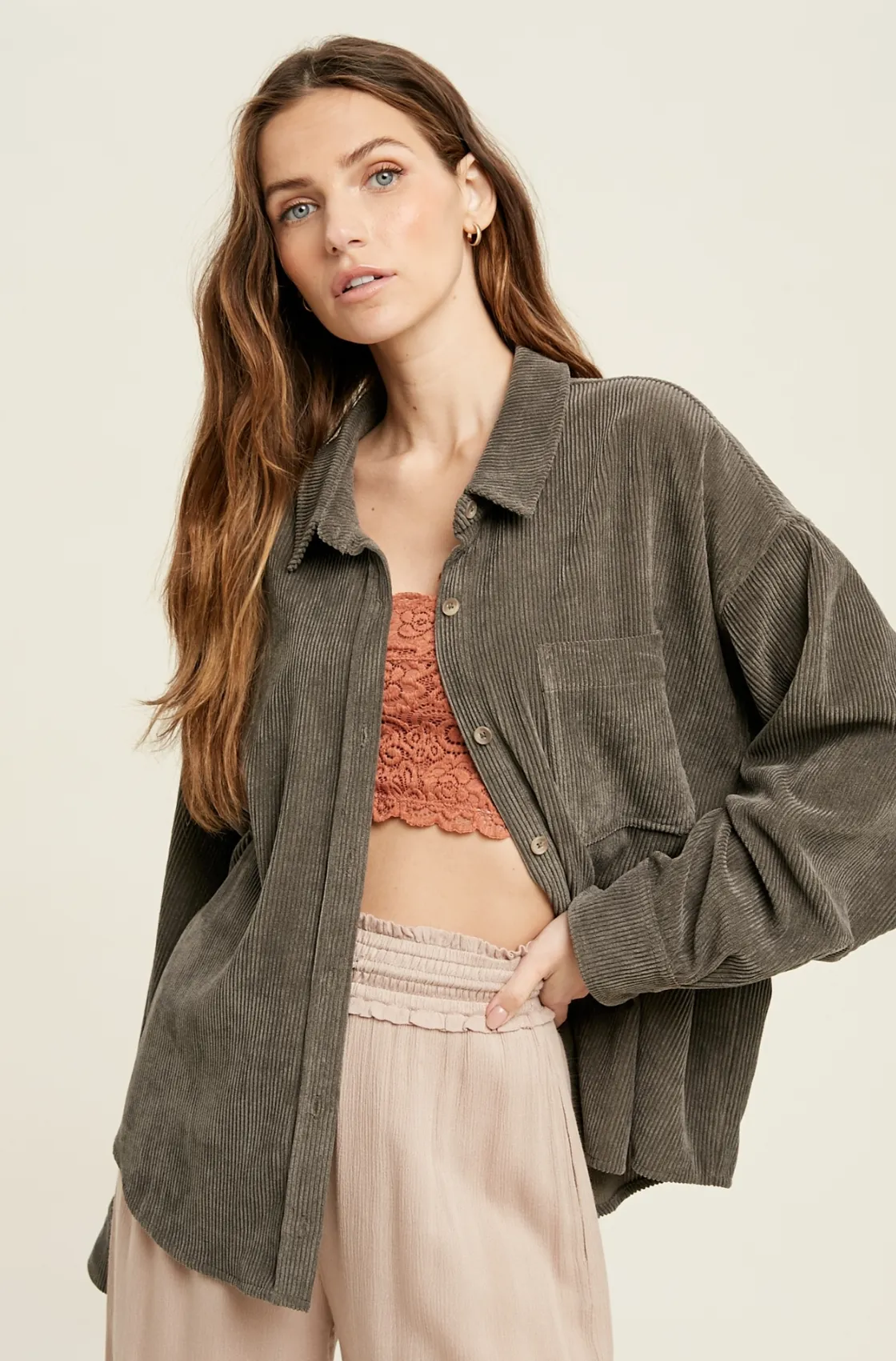 shacket: corduroy front one pocket shirt - charcoal