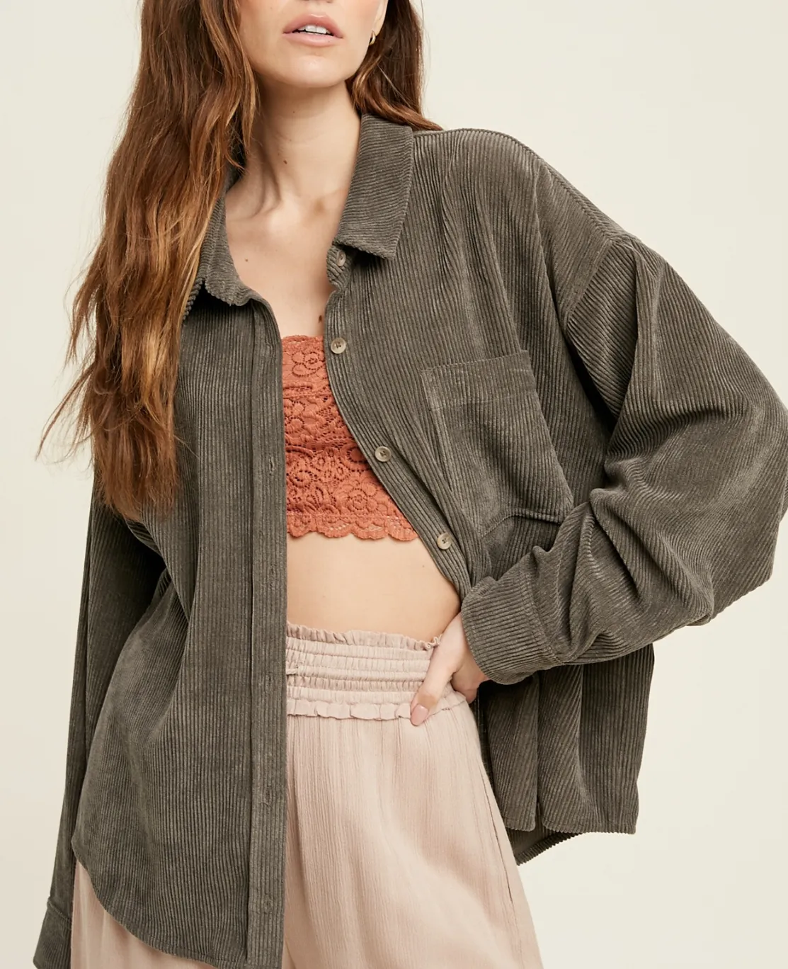 shacket: corduroy front one pocket shirt - charcoal
