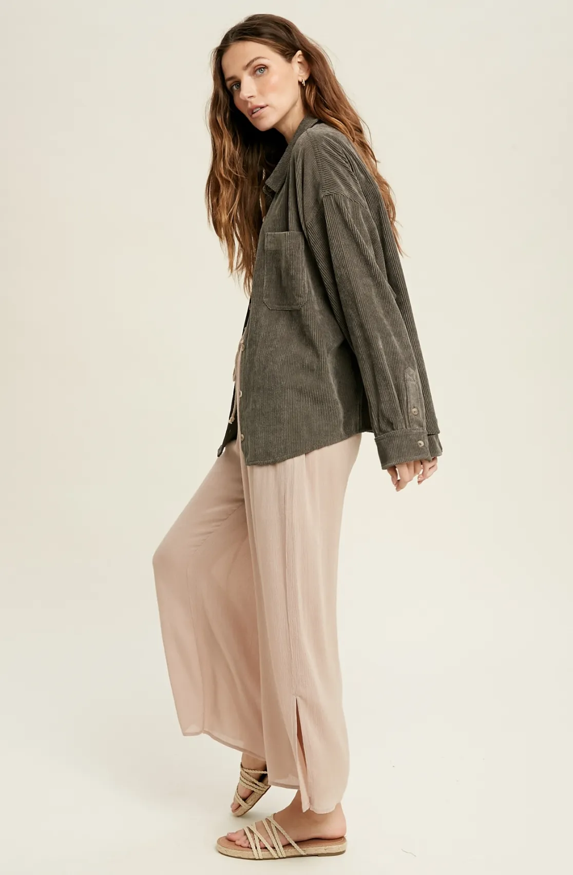 shacket: corduroy front one pocket shirt - charcoal