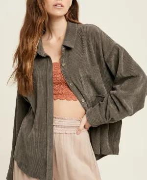 shacket: corduroy front one pocket shirt - charcoal