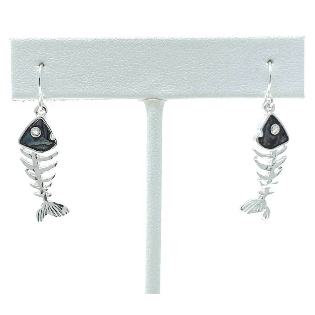 Silver & Abalone Fish Bone Dangle Earrings with Rhinestone Accents