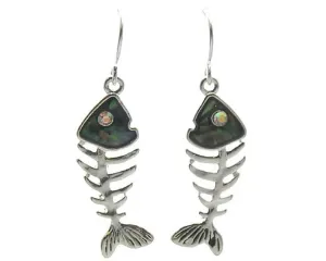 Silver & Abalone Fish Bone Dangle Earrings with Rhinestone Accents