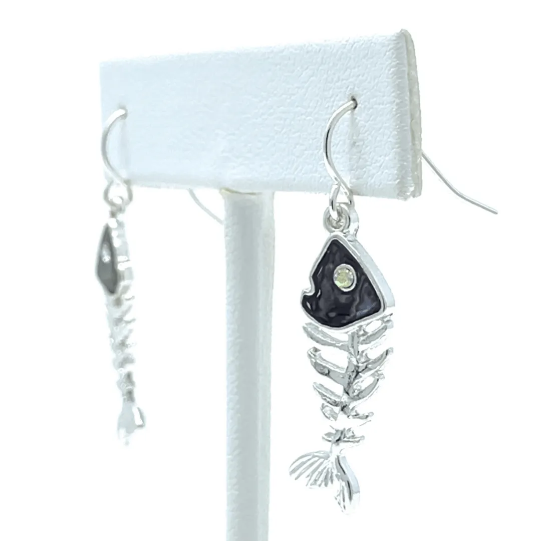 Silver & Abalone Fish Bone Dangle Earrings with Rhinestone Accents