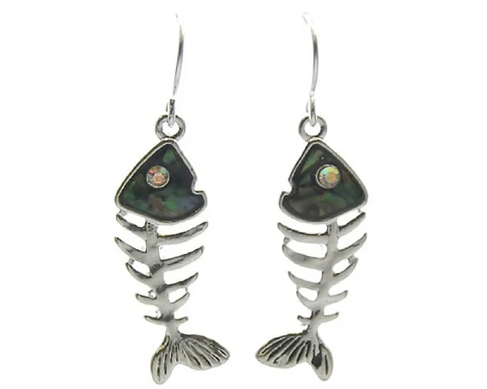 Silver & Abalone Fish Bone Dangle Earrings with Rhinestone Accents