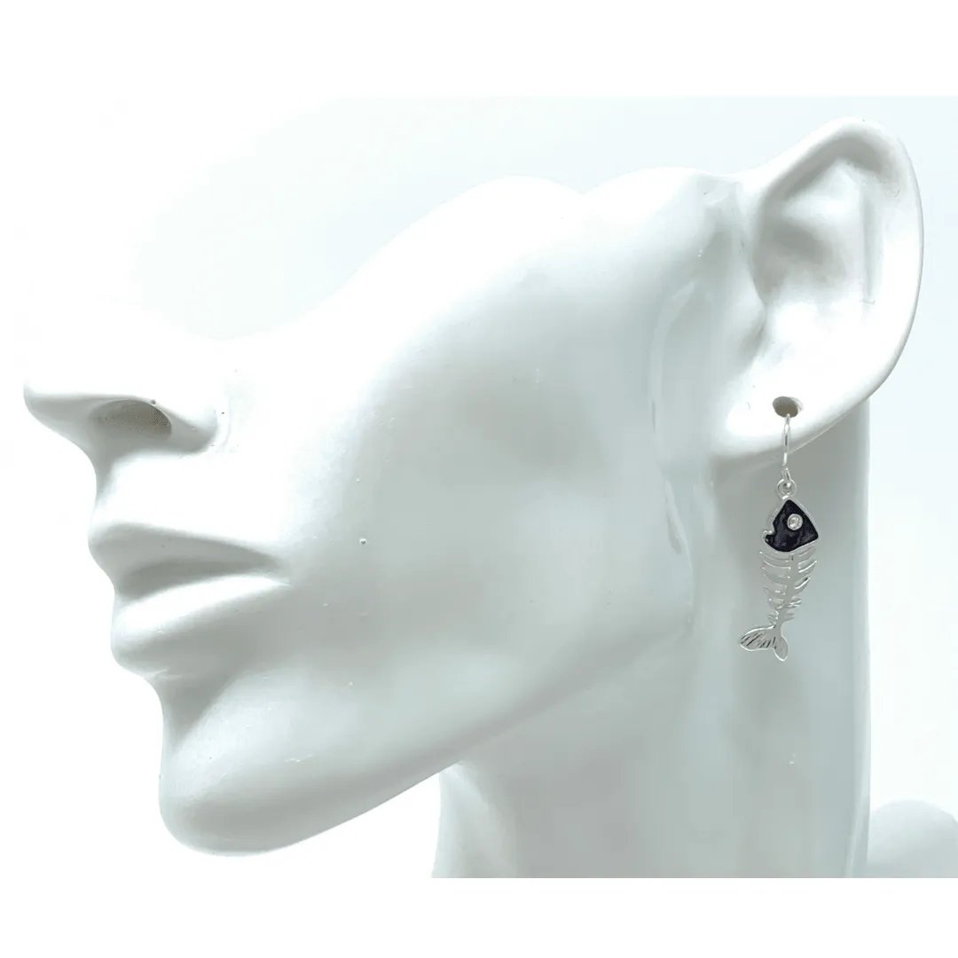 Silver & Abalone Fish Bone Dangle Earrings with Rhinestone Accents
