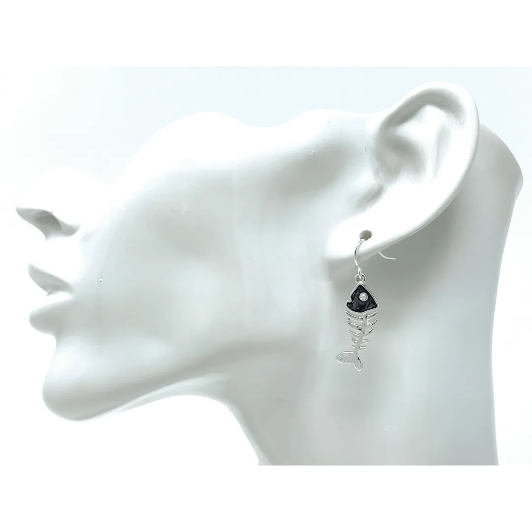 Silver & Abalone Fish Bone Dangle Earrings with Rhinestone Accents