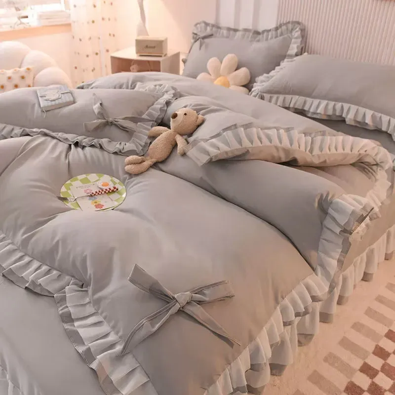 SINOTAO  -  Girls Bedding Sets Kawaii Seersucker Bed Sheet Pillowcase Fashion Princess Duvet Cover Solid Color 4 Pieces Cute Home Decoration