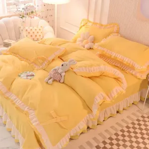 SINOTAO  -  Girls Bedding Sets Kawaii Seersucker Bed Sheet Pillowcase Fashion Princess Duvet Cover Solid Color 4 Pieces Cute Home Decoration